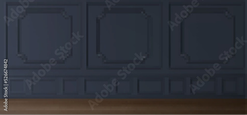 Empty room interior with wooden floor and black panels on wall in vintage victorian style. Vector realistic 3d illustration of house decoration with molding frames on wall