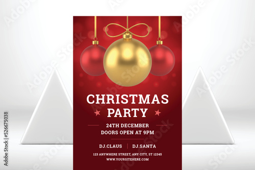 Christmas party red premium promo flyer template design hanged golden ball toy 3d icon vector