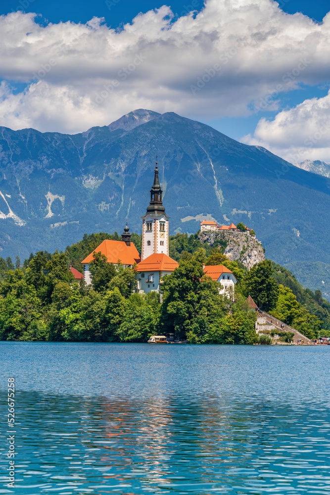 Slovenia, Upper Carniola, Church, Scenic view of church on Bled Island with Julian Alps in background Slovenia, Upper Carniola, Church, Scenic view of church on Bled Island with Julian Alps in background