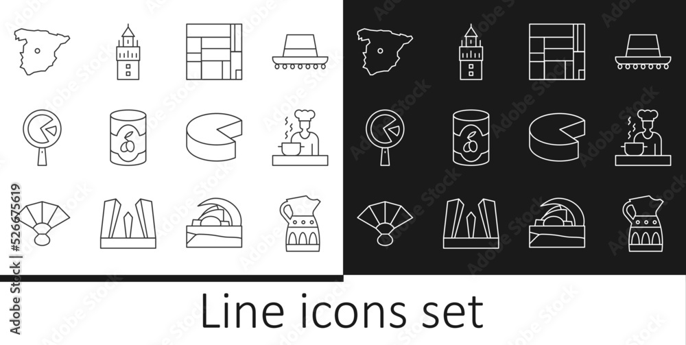 Set line Sangria pitcher, Spanish cook, House Edificio Mirador, Olives in can, Omelette frying, Map of Spain, Cheese and Giralda icon. Vector