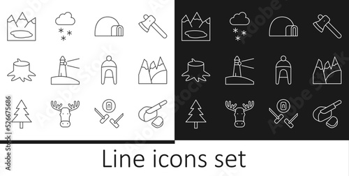 Set line Peameal bacon, Mountains, Igloo ice house, Lighthouse, Tree stump, Canadian lake, Winter hat and Cloud with snow icon. Vector