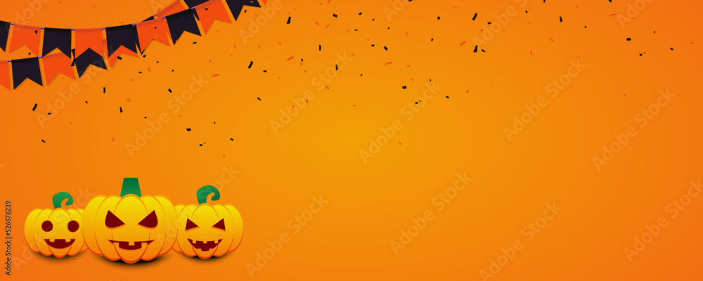 Halloween background with pumpkins and emojis. Happy Halloween banner design template with pumpkin emojis flags and confetti. Halloween background with party bunting flags for Halloween graphic design