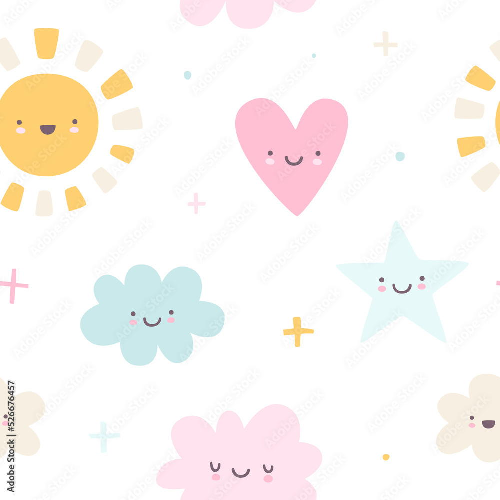 Cute scandinavian baby pattern. Naive kawaii vector seamless print for textile and fabric. Cute scandinavian baby pattern. Naive kawaii vector seamless print for textile and fabric.