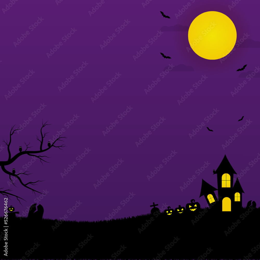 happy Halloween design with a silhouette of the cemetery with graves, owl, pumpkins, bats over an orange background, colorful design, and vector illustration. Happy Halloween banner design template