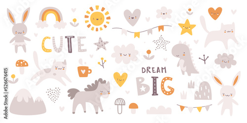 Cute scandinavian decoration set for new born. Naive doodle baby animals bundle for nursery.