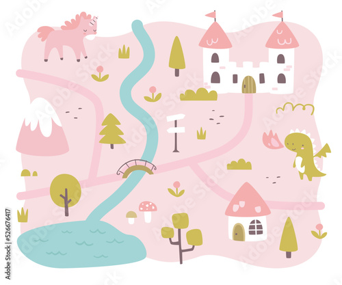 Fairytale village cute pink map with unicorn and dragon. Medieval cartoon map print for baby girls carpet.