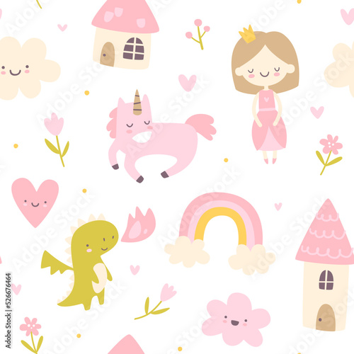 Cute girly fairytale pink pattern. Cartoon seamless vector print for girls textile and nursery.
