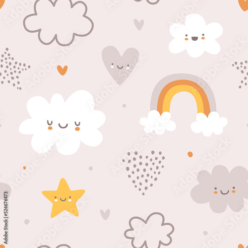 Cute scandinavian baby pattern with cloud sky. Naive kawaii vector seamless vector print for textile.