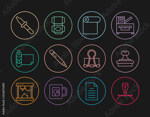 Set line Fountain pen nib, Stamp, Roll of paper, Pencil with eraser, Pipette, Binder clip and Carton cardboard box icon. Vector
