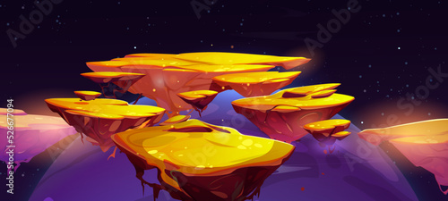 Fantastic floating islands with golden surface in night sky. Game fantasy landscape of flying in air platforms of golden ground in outer space with stars and planets, vector cartoon illustration