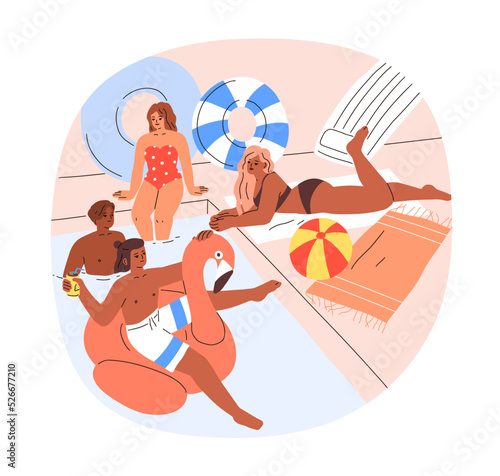Happy people sunbathing and swimming on summer holiday. Men, women relaxing at water pool on vacation. Friends tourists chilling together. Flat vector illustration isolated on white background