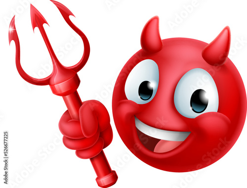 A red devil or satan emoji emoticon man face holding a trident, pitchfork or pitch fork cartoon icon mascot.