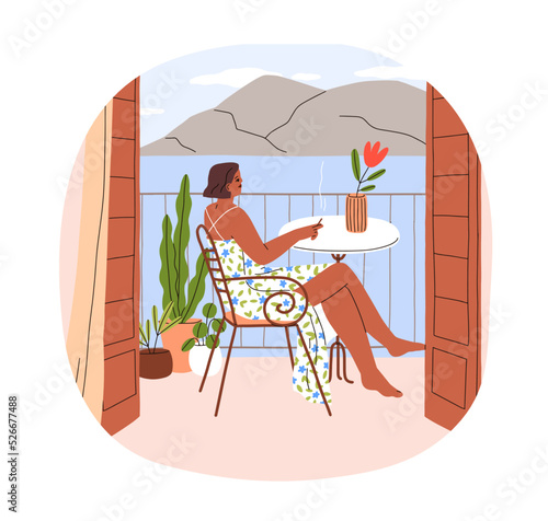 Girl relaxing on seaside balcony with nature, mountain and sea view. Young woman sitting at table, smoking cigarette on summer holiday, weekend. Flat vector illustration isolated on white background