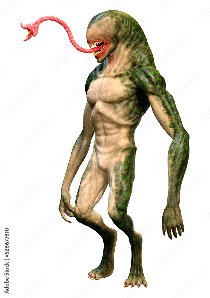 3D Rendering Green Alien on White