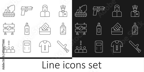 Set line Police rubber baton, Pepper spray, Censor and freedom of speech, Paint can, Road barrier, Lying burning tires, Vote box and Pistol gun icon. Vector