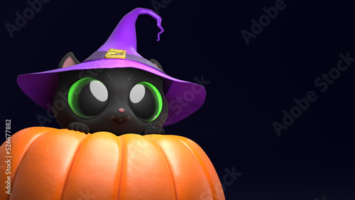 Cute cartoon cat in witch hat sits on pumpkin. Happy Halloween background with copy space for cover, content, greeting card, label, banner, sticker. Kawaii black kitten with big green eyes. 3d render.