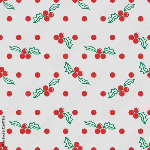 Vector. seamless pattern. illustration red mistletoe and green leaf on gray background.
