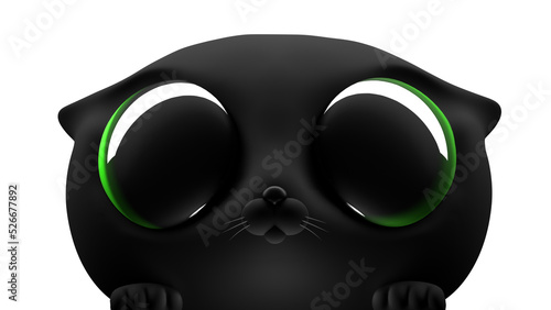 Cute cartoon face black cat. Kawaii kitten with big eyes isolated on white background. Surprised or concentrated muzzle of a kitten peeping through the screen. Cat ready to attack, jump. 3d render.