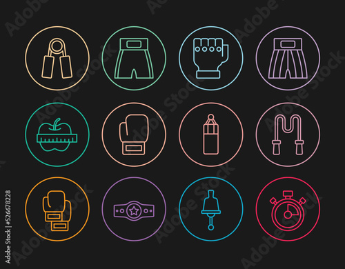 Set line Stopwatch, Jump rope, MMA glove, Boxing, Apple and measuring tape, Sport expander, Punching bag and short icon. Vector