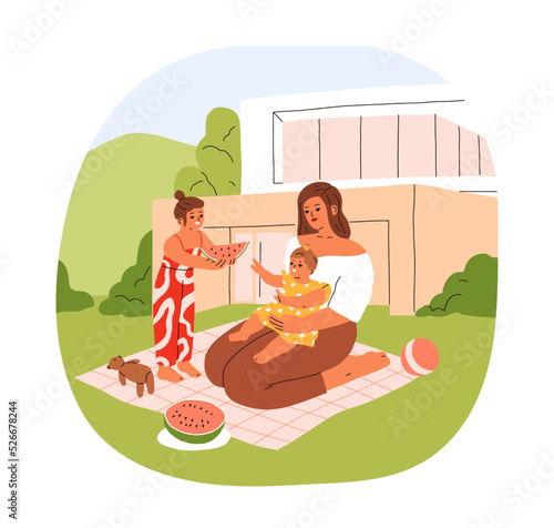 Mother, children relax on backyard lawn, outside of house. Mom and kids together on grass blanket on summer holiday. Summertime weekend outdoors. Flat vector illustration isolated on white background