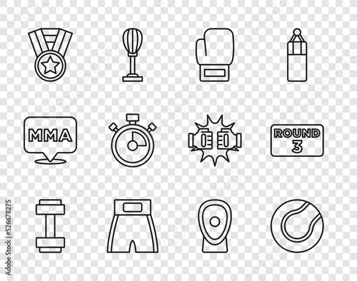 Set line Dumbbell, Tennis ball, Boxing glove, short, Medal, Stopwatch, training paws and ring board icon. Vector