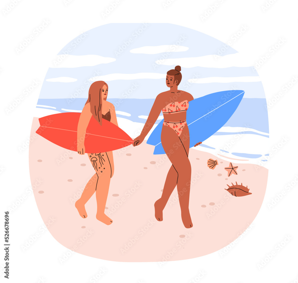 Girls surfers go for sea surfing. Women in bikini walking with surfboards along beach. Female friends with boards on seacoast on summer vacation. Flat vector illustration isolated on white background