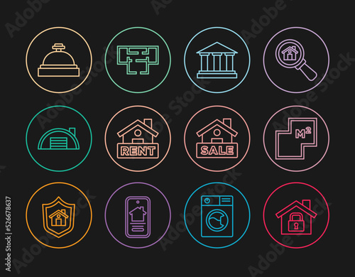 Set line House under protection, plan, Museum building, Hanging sign with Rent, Warehouse, Hotel service bell, Sale and icon. Vector