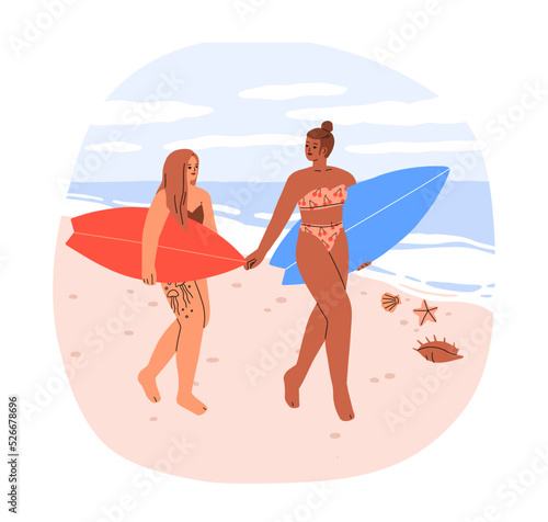 Girls surfers go for sea surfing. Women in bikini walking with surfboards along beach. Female friends with boards on seacoast on summer vacation. Flat vector illustration isolated on white background