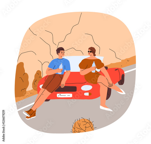 Stopover after car travel. Couple during summer holiday road trip. Man, woman tourists stop to drink water near convertible auto on vacation ride. Flat vector illustration isolated on white background