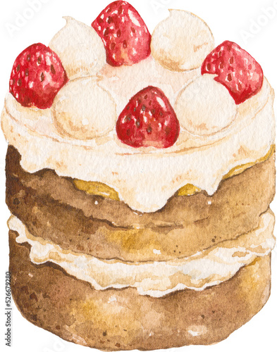 Strawberry cake dessert watercolor, PNG file no background