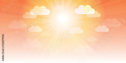 Orange Bright Sun Rays with Clouds, Multi Purpose Shiny Sunny Sky Design, Illustration in Editable Vector Format