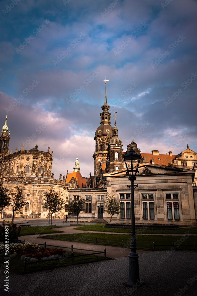 Old buildings in dramatic evening light, Dresden, Germany