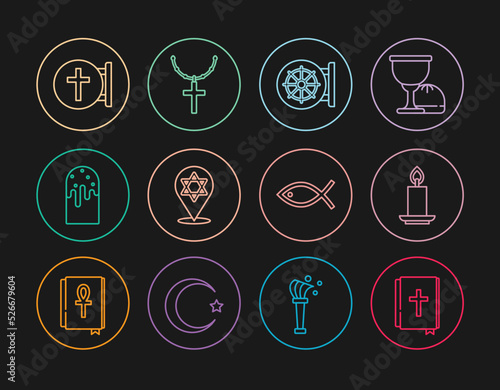 Set line Holy bible book, Burning candle, Dharma wheel, Star of David, Easter cake, Christian cross, fish and on chain icon. Vector