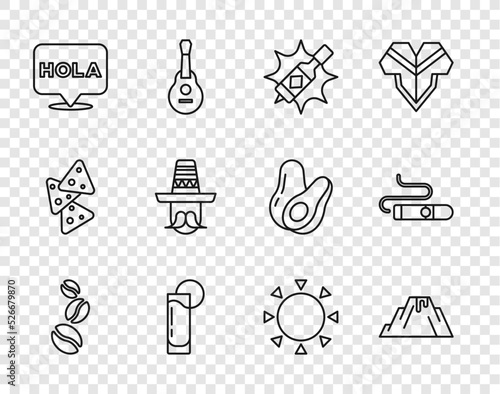 Set line Coffee beans, Volcano eruption with lava, Tabasco sauce, Tequila glass lemon, Hola, Mexican man sombrero, Sun and Cigar icon. Vector