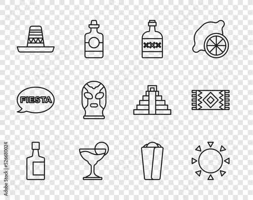 Set line Tequila bottle, Sun, Margarita cocktail, Mexican sombrero, wrestler, Burrito and carpet icon. Vector