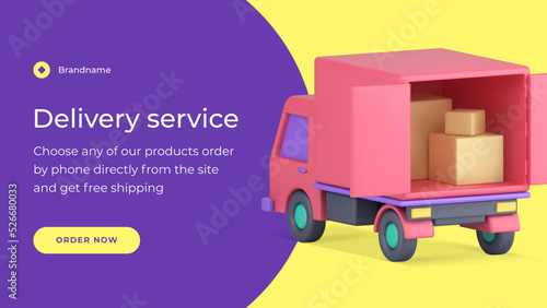 Moving freight delivery service commercial web banner open van truck cardboard boxes 3d icon vector