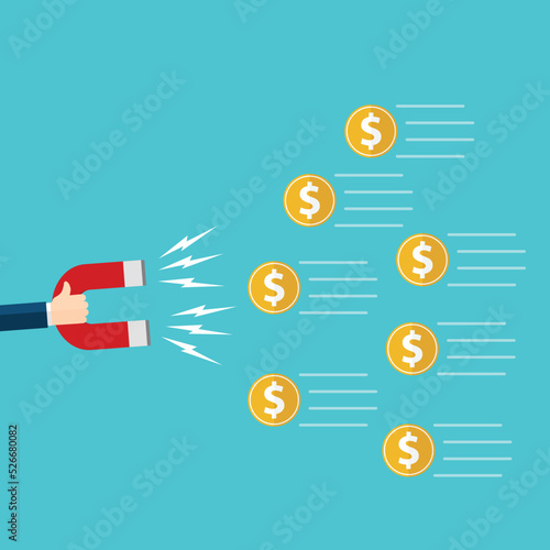 Business man holding a big magnet and attracting money, Investment attraction concept. Vector illustration