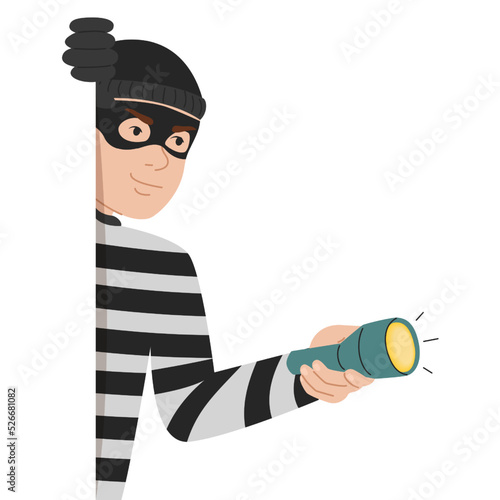 Criminal looking out of corner vector isolated. Illustration of a thief hiding behind the wall. Dangerous character in mask holding flashlight.