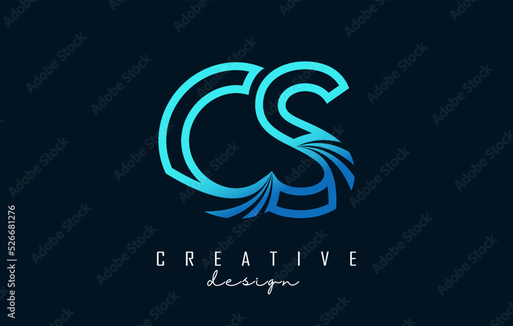 Obraz premium Outline blue letters CS c s logo with leading lines and road concept design. Letters with geometric design.