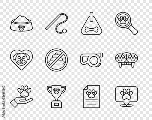 Set line Hands with animals footprint, Location veterinary hospital, Dog collar, Pet award, food bowl, No shit, Clinical record pet and Cat tooth icon. Vector