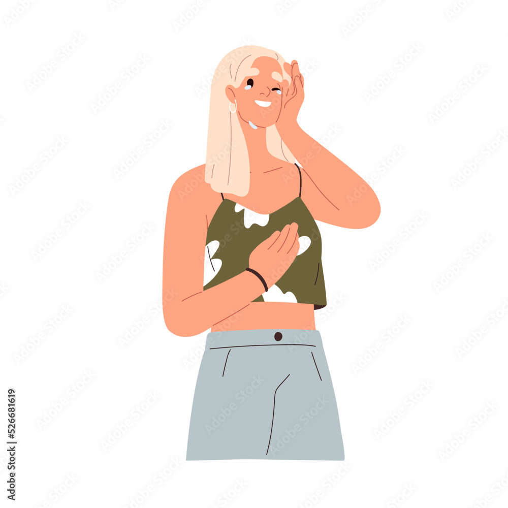 Happy woman crying, laughing from happiness. Smiling touched moved girl wiping falling teardrops, tears of joy from face with joyful emotion. Flat vector illustration isolated on white background Happy woman crying, laughing from happiness. Smiling touched moved girl wiping falling teardrops, tears of joy from face with joyful emotion. Flat vector illustration isolated on white background