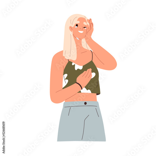 Happy woman crying, laughing from happiness. Smiling touched moved girl wiping falling teardrops, tears of joy from face with joyful emotion. Flat vector illustration isolated on white background