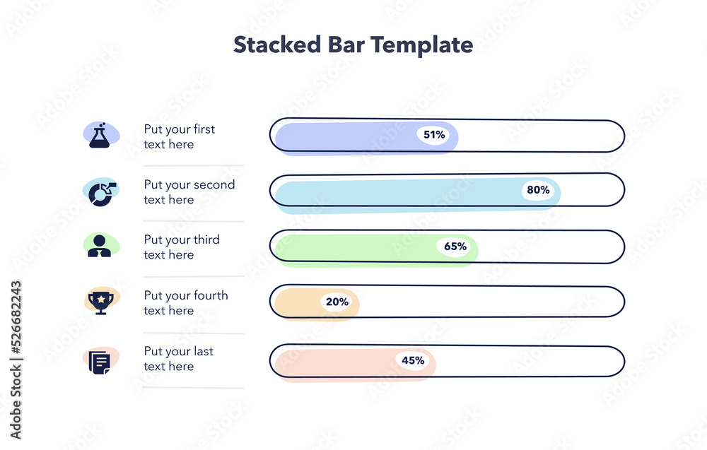Simple horizontal stacked bar graph template with five options and ...