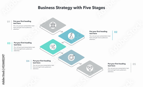 Business strategy template with five stages and place for your content. Flat infographic design.