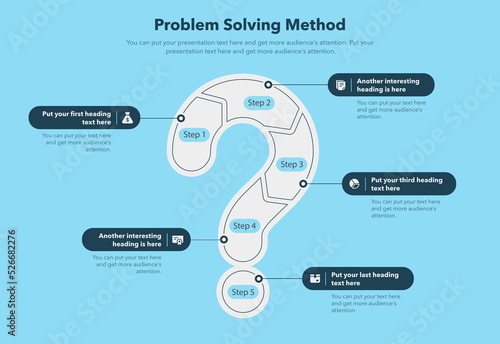 Problem solving process template with five steps and question mark as a main symbol - blue version.