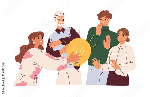 Rejecting, declining creative business idea concept. Failure in presenting bad stupid solution at work. Office workers dislike light bulb. Flat graphic vector illustration isolated on white background