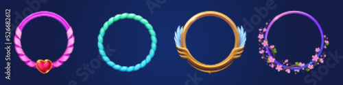 Fancy round avatar frames set isolated on background. Vector illustration of golden and glossy rings decorated with heart-shaped gemstone, wings, flowers. Collection of fantasy game ui elements