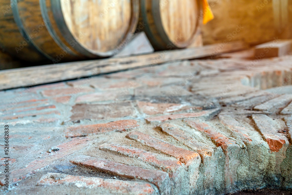 underground cellar for storing wine in a winery Stock Photo