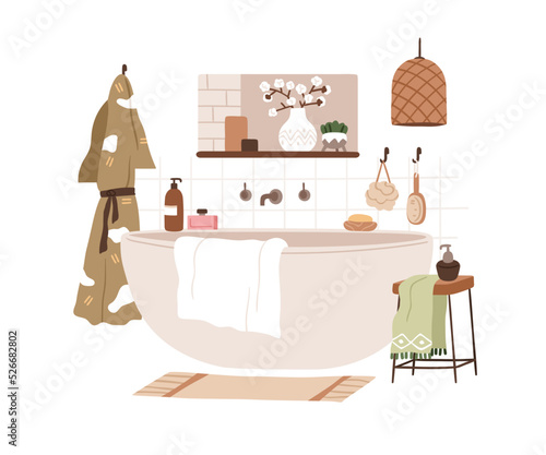 Bathtub and toiletries, accessories in modern bathroom interior design in Scandinavian style. Home hygiene room with bath tub, towel, bathrobe. Flat vector illustration isolated on white background