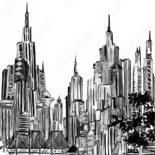 Fantasy city illustration in monochrome. Vector in Low Poly Style. 